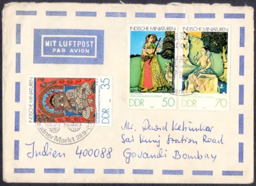 1989 East Germany Miniature Paintings (Mahavir, Ragini and Asavari) 3v Stamp Postally on cover to India